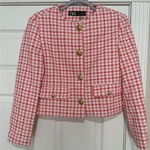 Zara S Tweed Blazer Lady Jacket Coral & White NWT